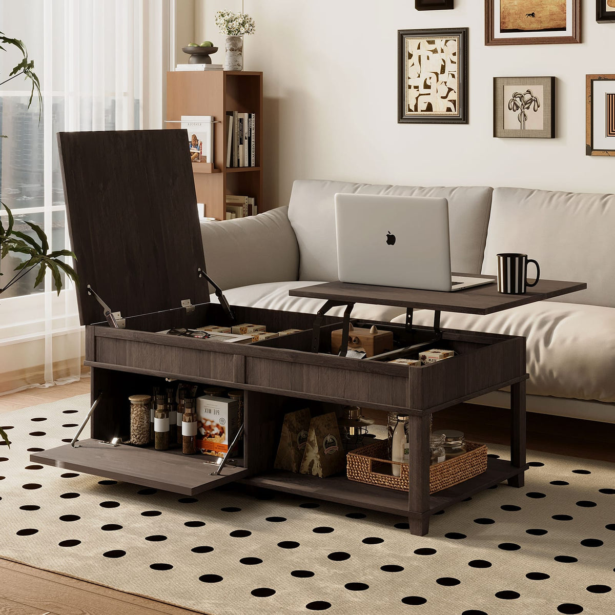Lift-Top Coffee Table with Hidden Storage, Brown for Living Room