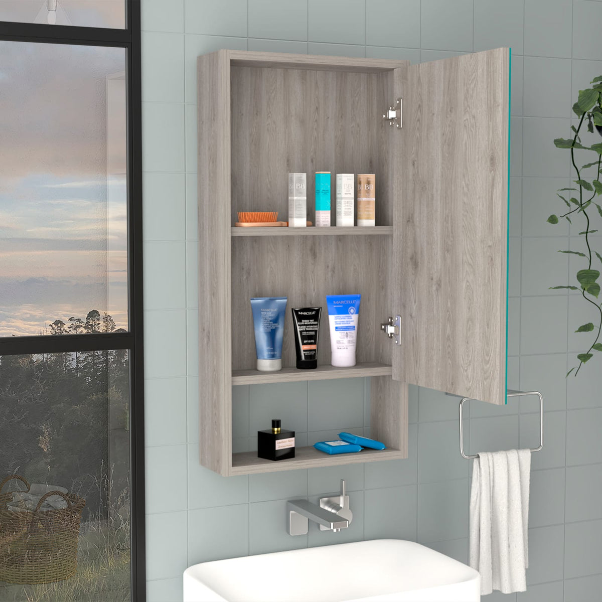 Light Gray Medicine Cabinet with Mirror - 35.4" Tall Storage Unit