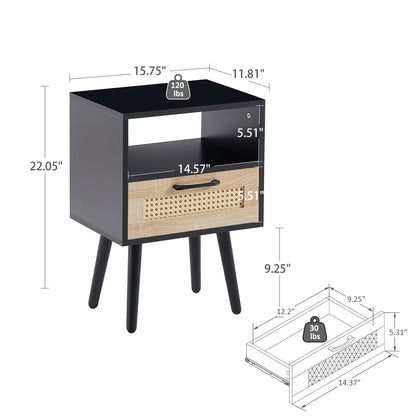 Black Rattan End Table with Drawer - Bedroom Nightstand