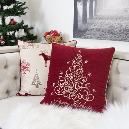 Happy Holidays Embroidered Velvet Throw Pillow 20x20" Red Christmas Accent