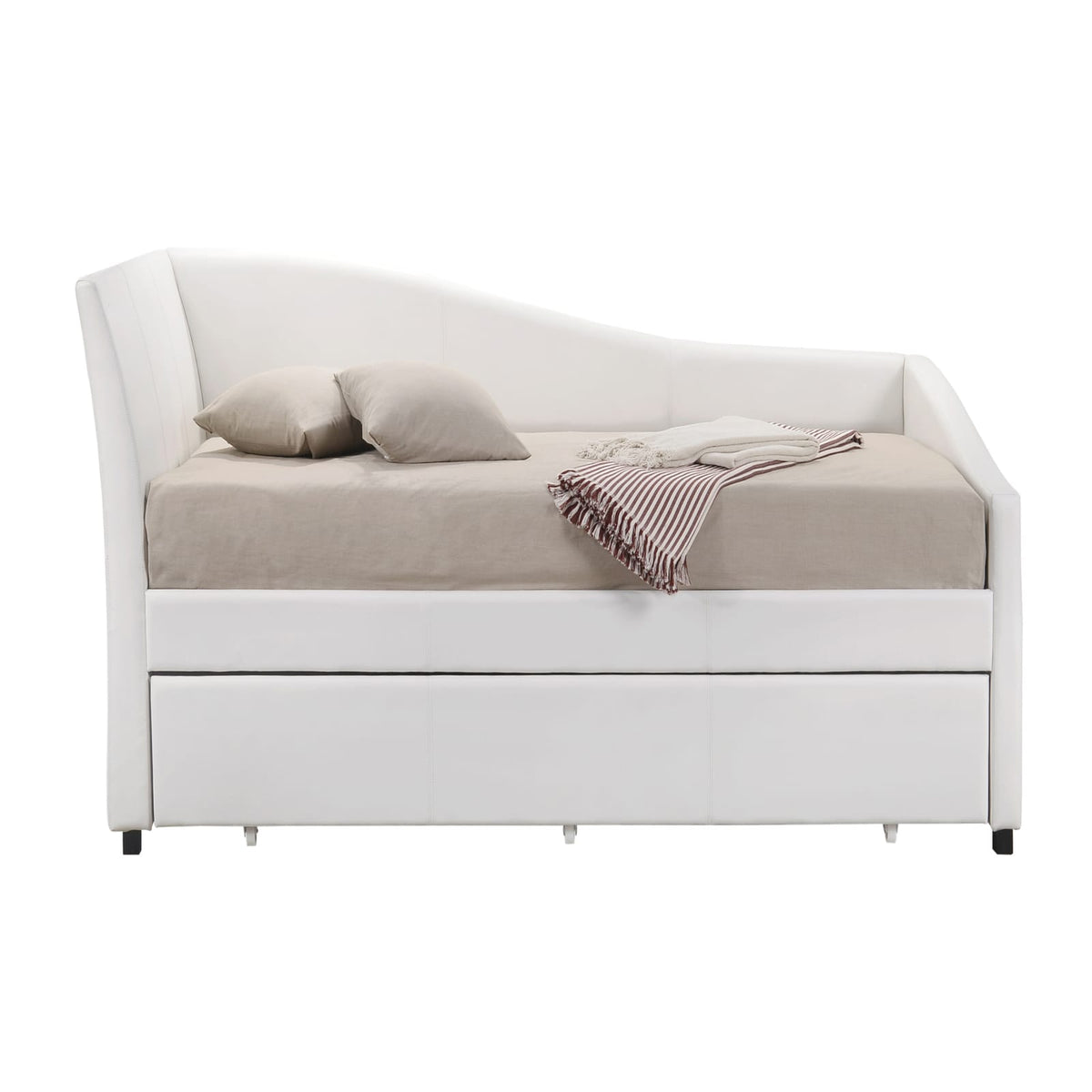 White Twin Faux Leather Daybed with Trundle for Guest Storage