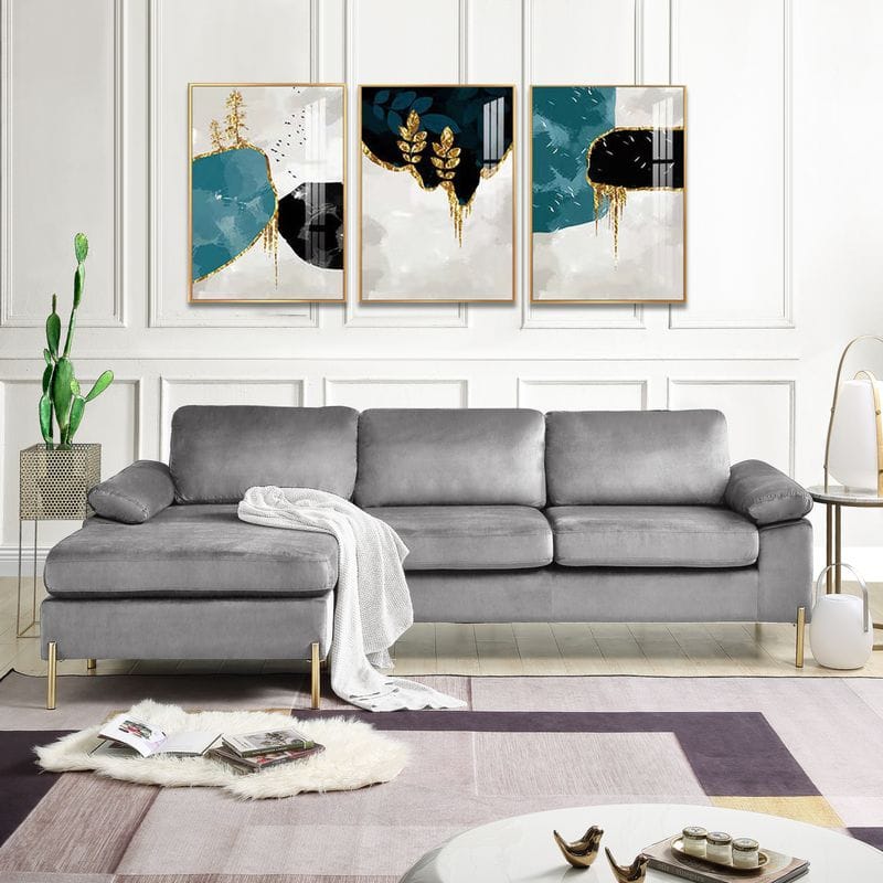 Gray Velvet 3 Seat Sofa - 51.6" L for Living Room Apartments