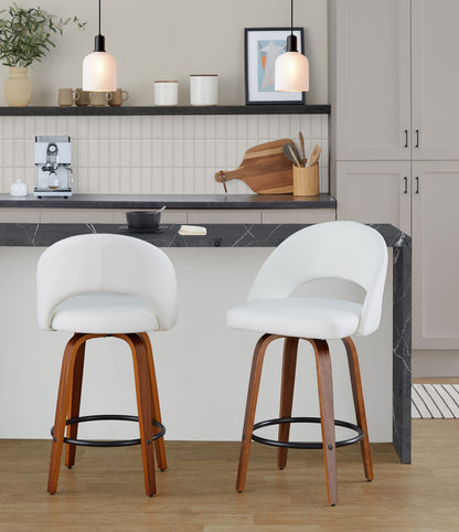 White Counter Stools - 2 Mid-Century Dining Stools with PU Leather