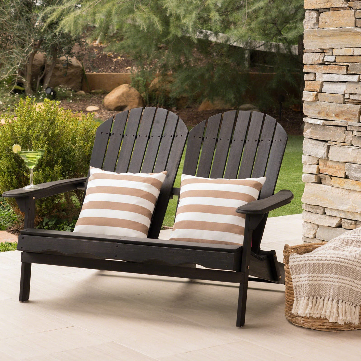 Dark Grey Acacia Wood Adirondack Loveseat for Patio Seating