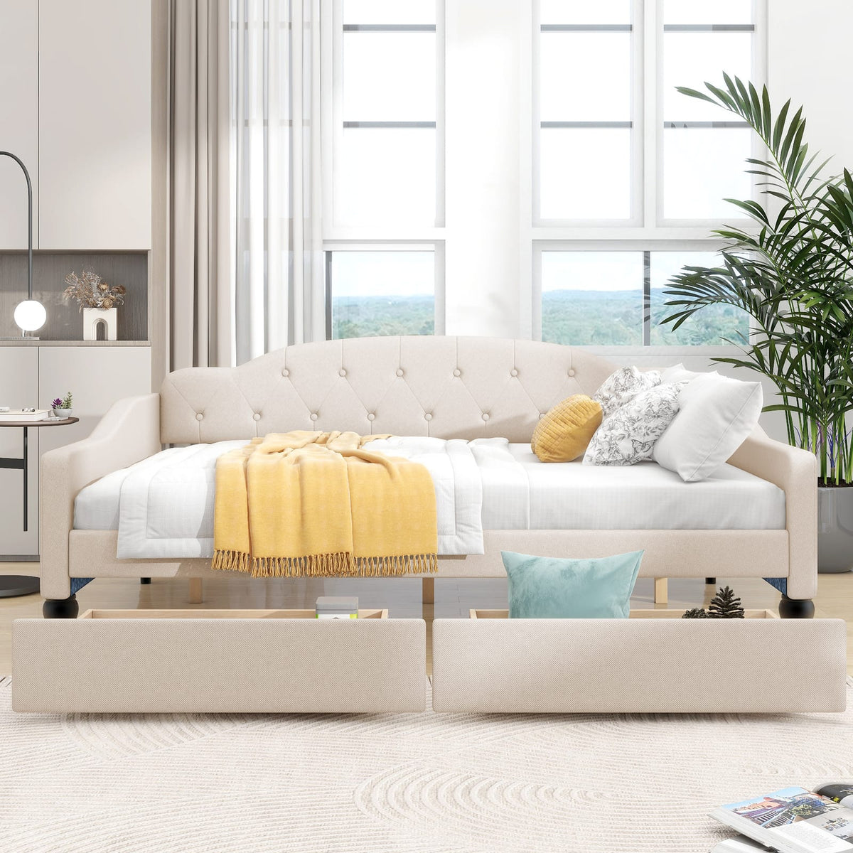 Full Size Beige Upholstered Daybed with Drawers - No Box Spring Needed for Bedroom