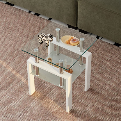 Clear Tempered Glass End Table - 2 Tier Small Table for Living Room