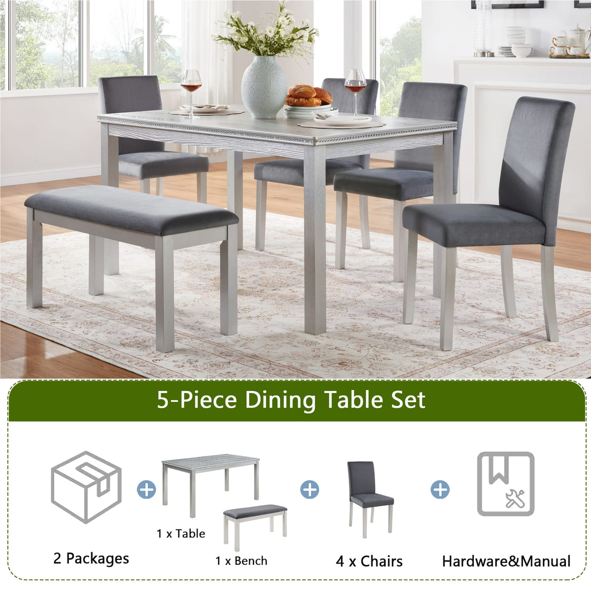 6-Piece Wooden Dining Table Set - Silver Grey, Seats 6