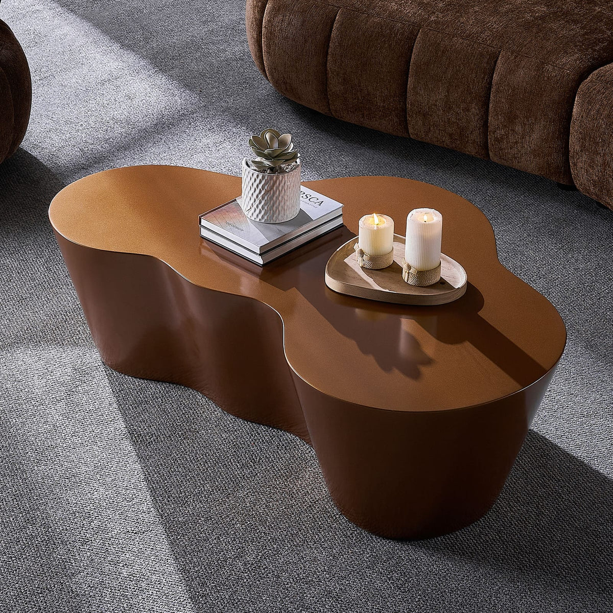 Unique 50 Inch Mid-Century Modern Coffee Table - Brown Fiberglass for Living Room