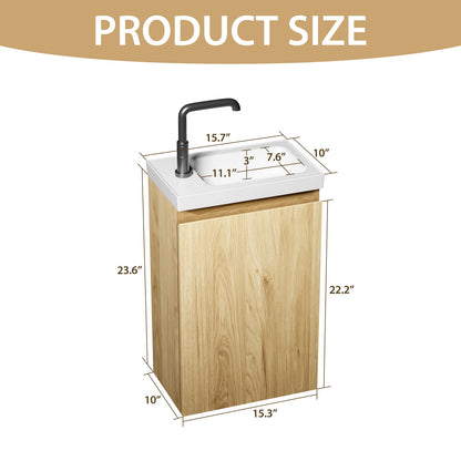 16 Inch Natural Wood Bathroom Vanity with Sink - Wall Mounted