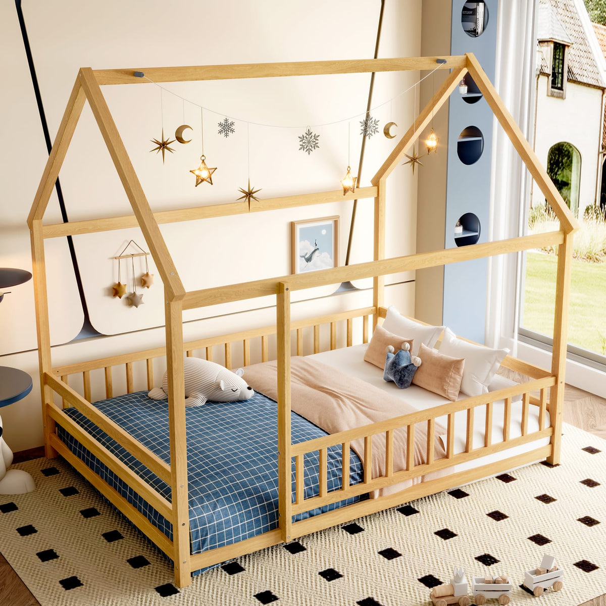 Full Size Wooden Bed with House Roof Frame - Natural for Bedroom