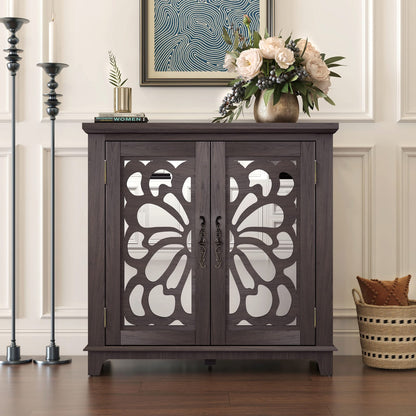 Dark Brown MDF Sideboard Buffet with Mirrored Doors & Adjustable Shelves
