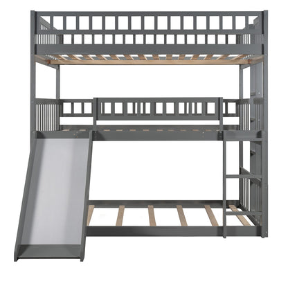 Full-Over-Full-Over-Full Triple Bed with Ladder & Slide, Gray for Bedroom