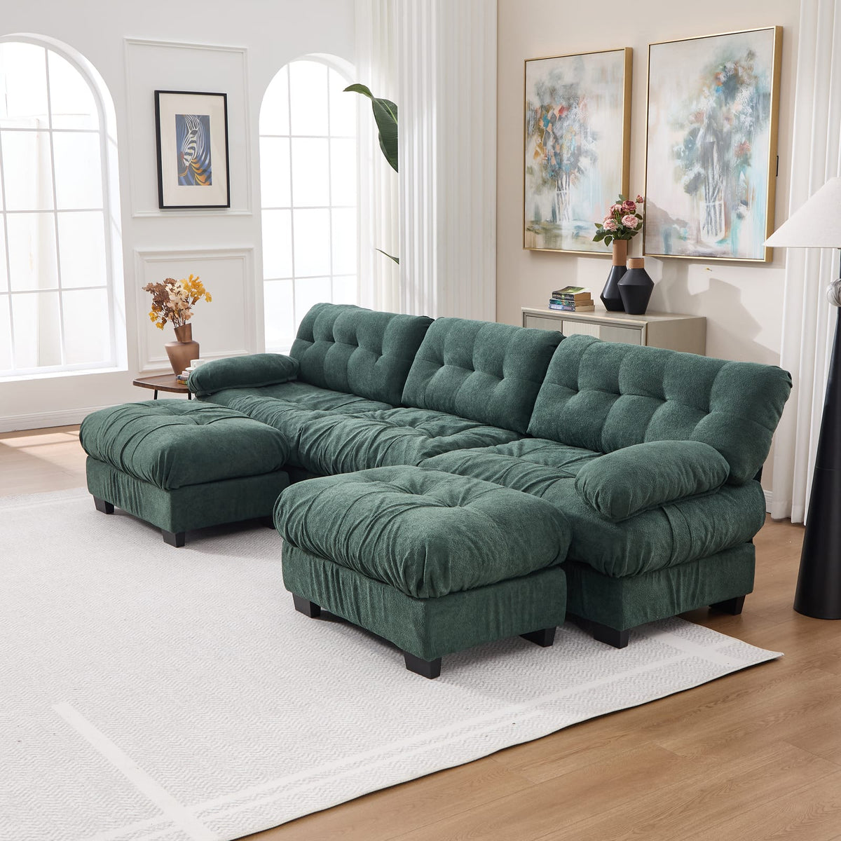 5 Seat Green Wood Sectional Sofa - Modular Couch for Living Room