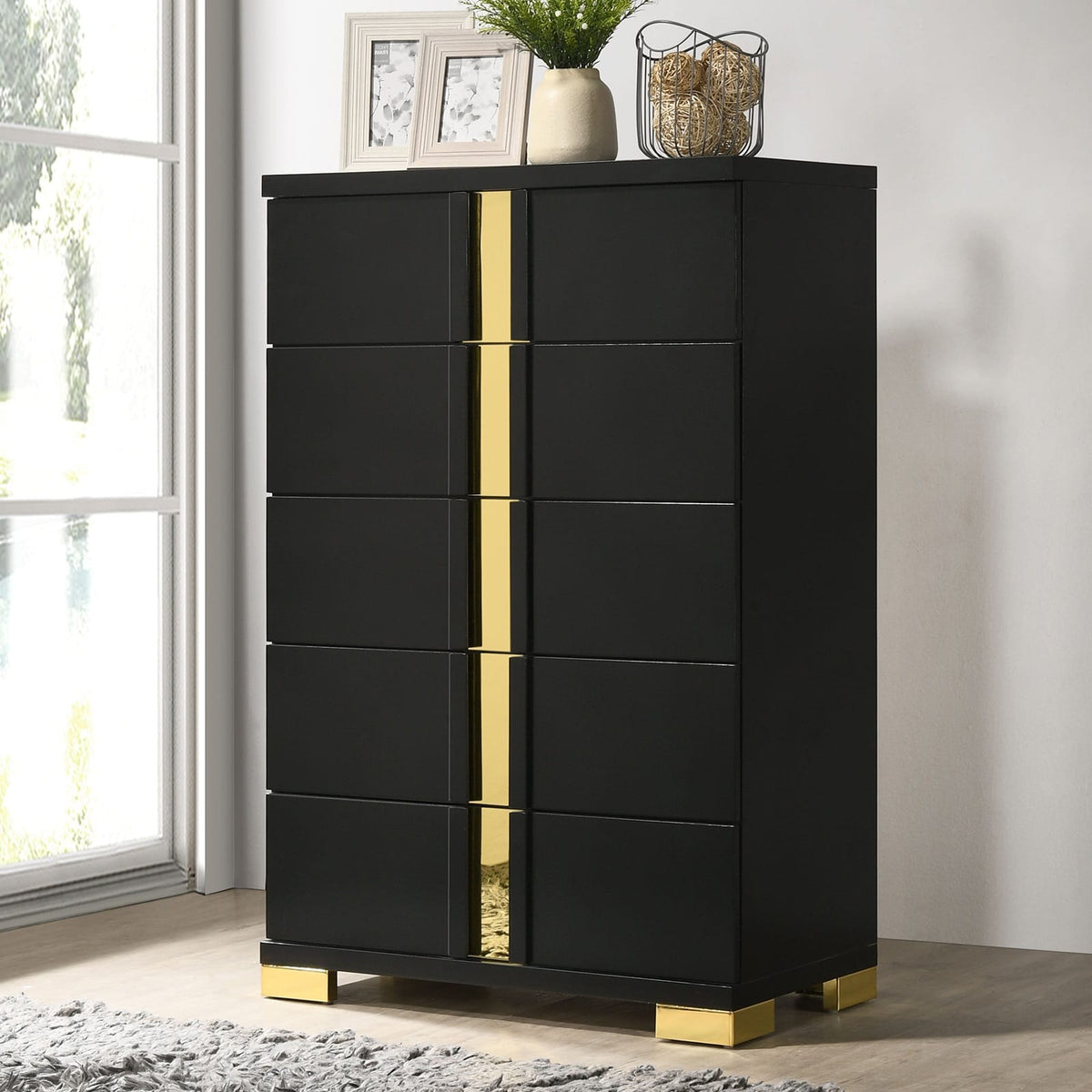 Black Gold Contemporary Bedroom Chest with Metal Legs