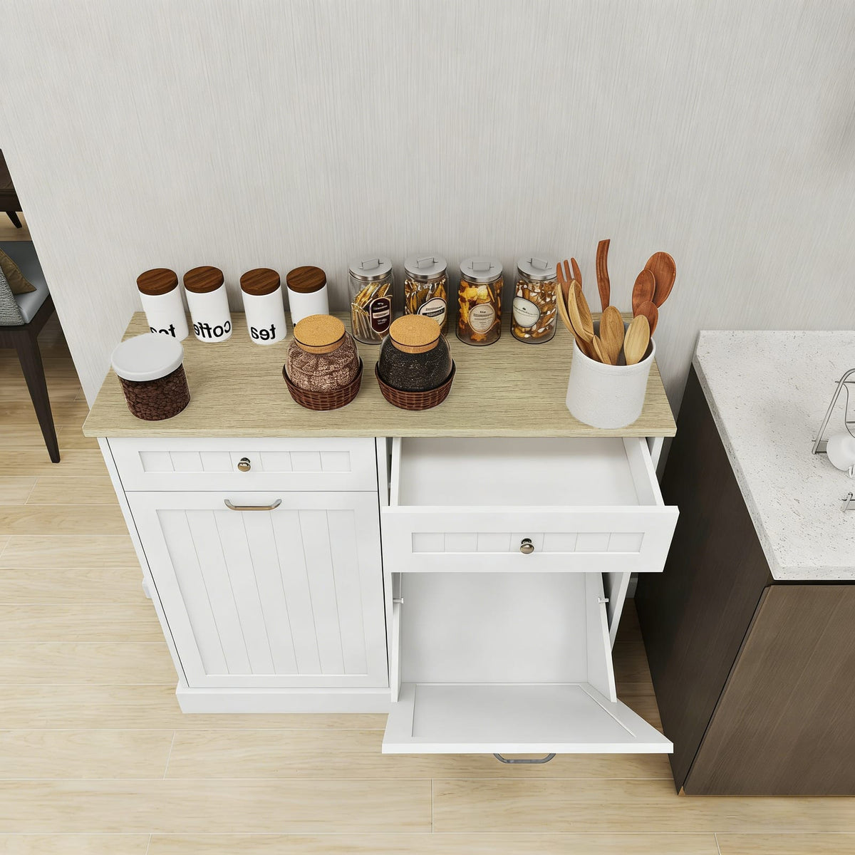White MDF Trash Cabinet - 2 Drawers, Storage for 10 Gallon Cans