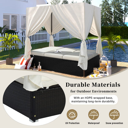 Beige Rattan Patio Daybed with Cushions - Outdoor Chaise Lounge