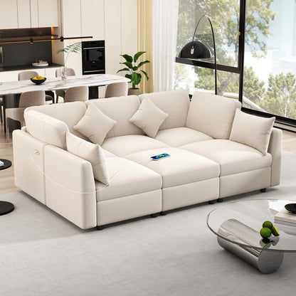 86.6" Beige Modular Sectional Sofa - 5 Seat Chenille