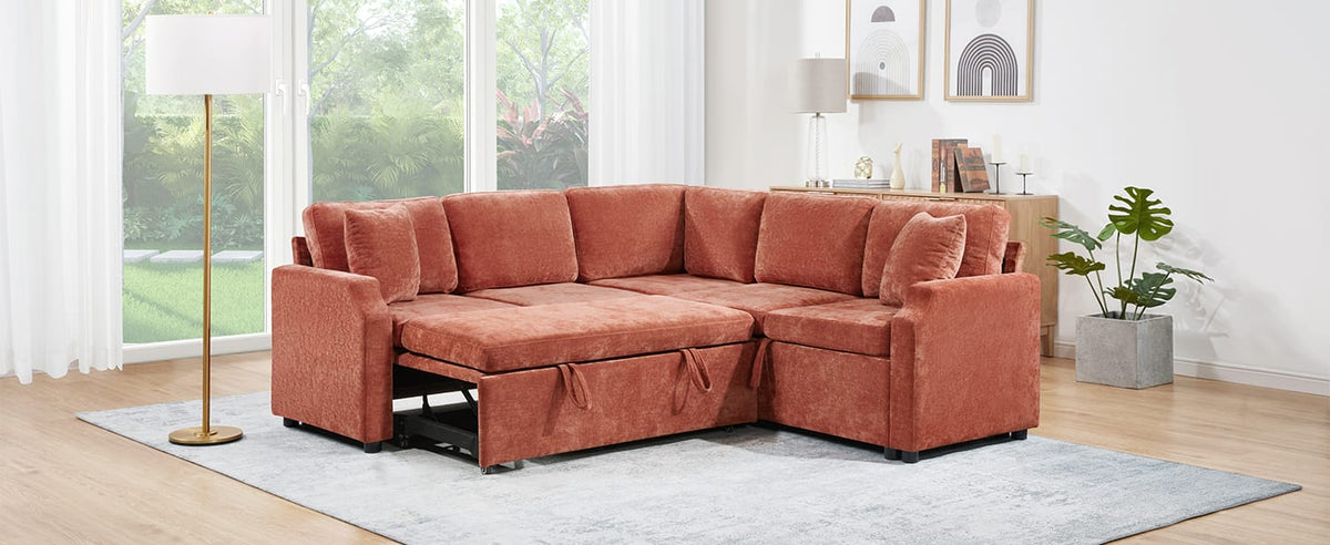 L-Shaped Chenille Sectional Sofa Bed - Orange, 81.9" for Living Room