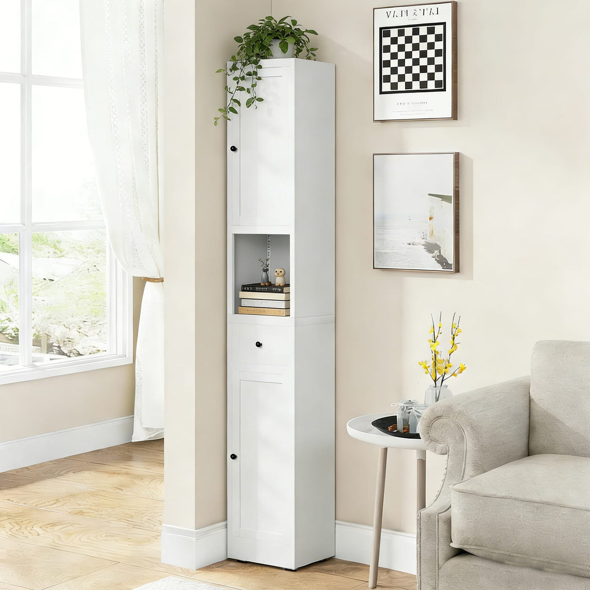 White Bathroom Storage Cabinet - 5 Tier Narrow Freestanding Cabinet