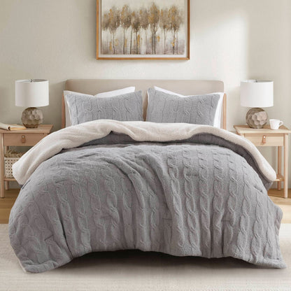 3 Pieces Full/Queen Cable Knit Chenille Comforter Set, Gray - Luxurious Comfort &
