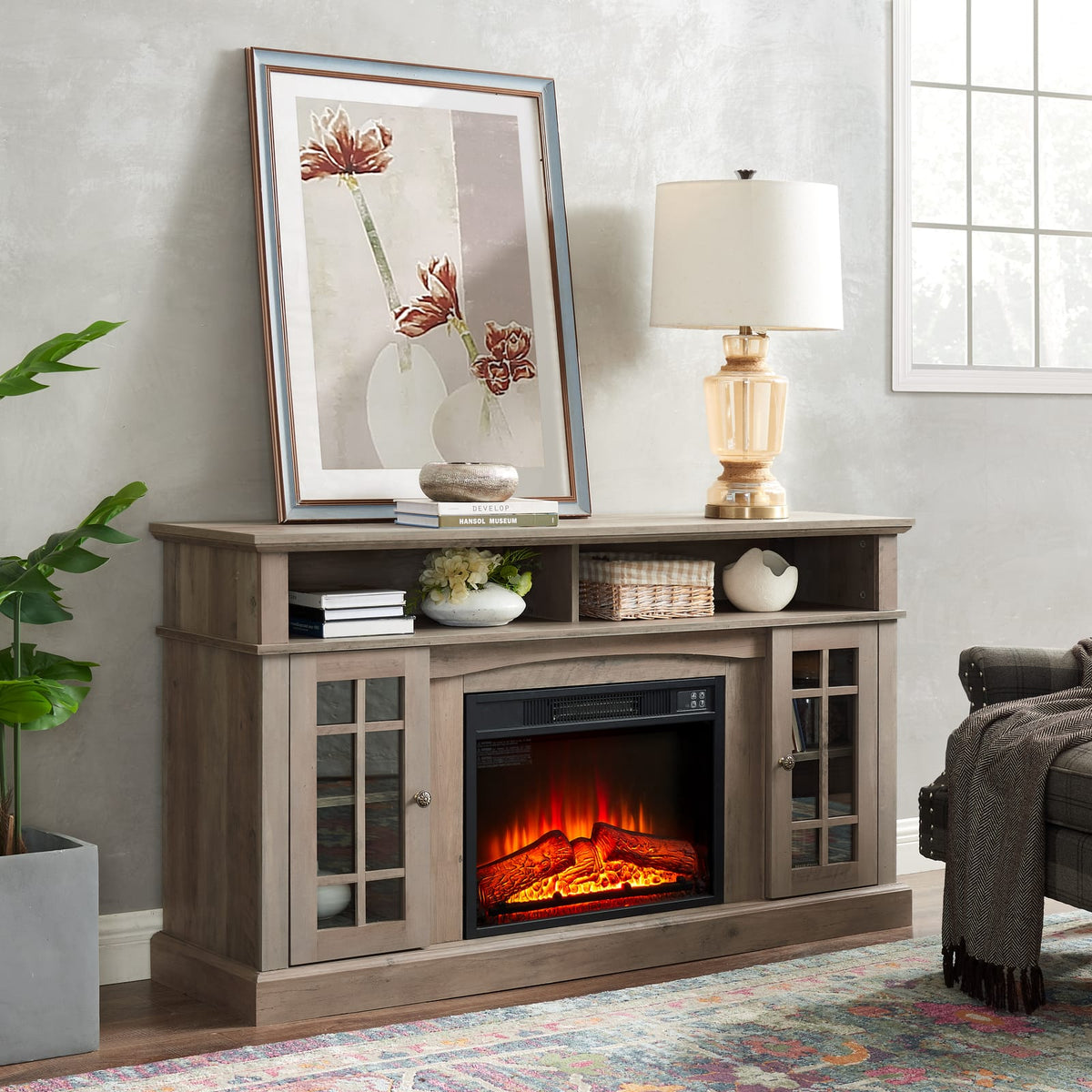 Grey Wash TV Stand with Fireplace - 65" TV Storage for Living Room