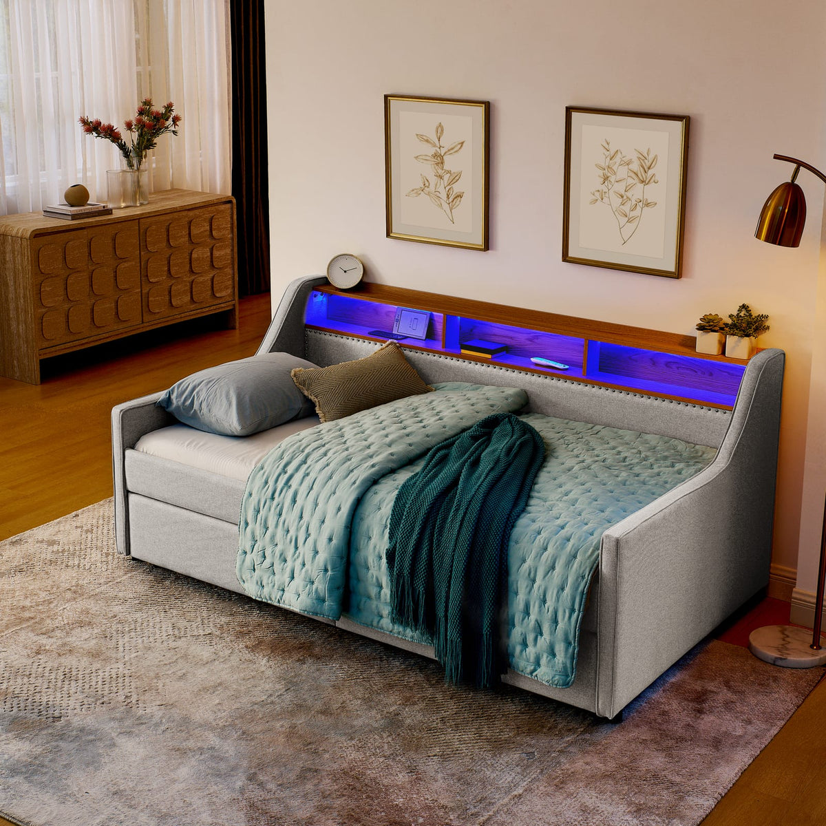 Twin Size Beige Sofa Bed with LED Lights & Storage