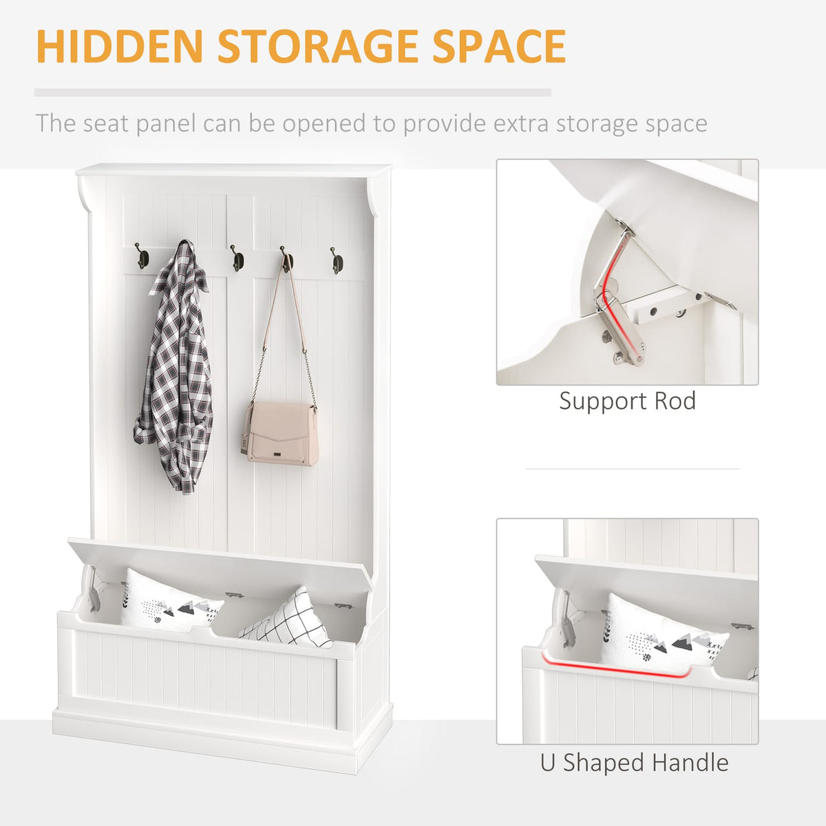 Living Room 3-in-1 Entryway Hall Tree - Cream White MDF Storage Bench with Coat Hooks