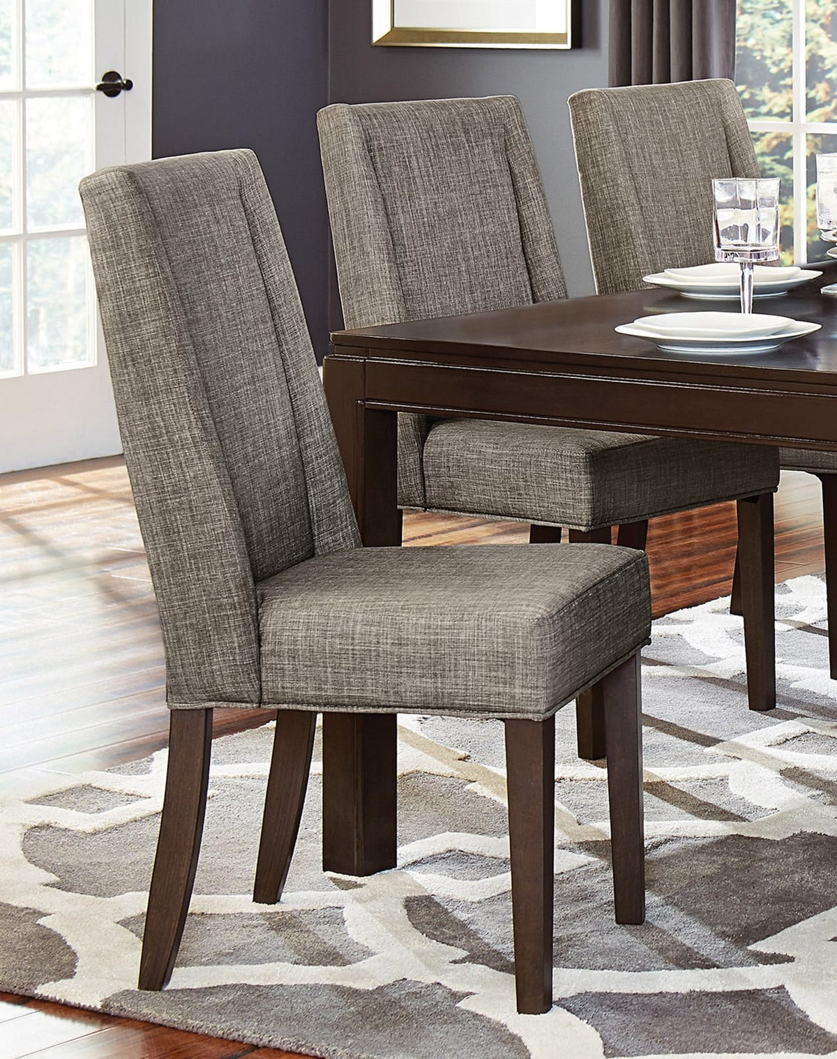 Contemporary Dark Brown 7pc Dining Set Table with Extension Leaf and 6x Upholstered