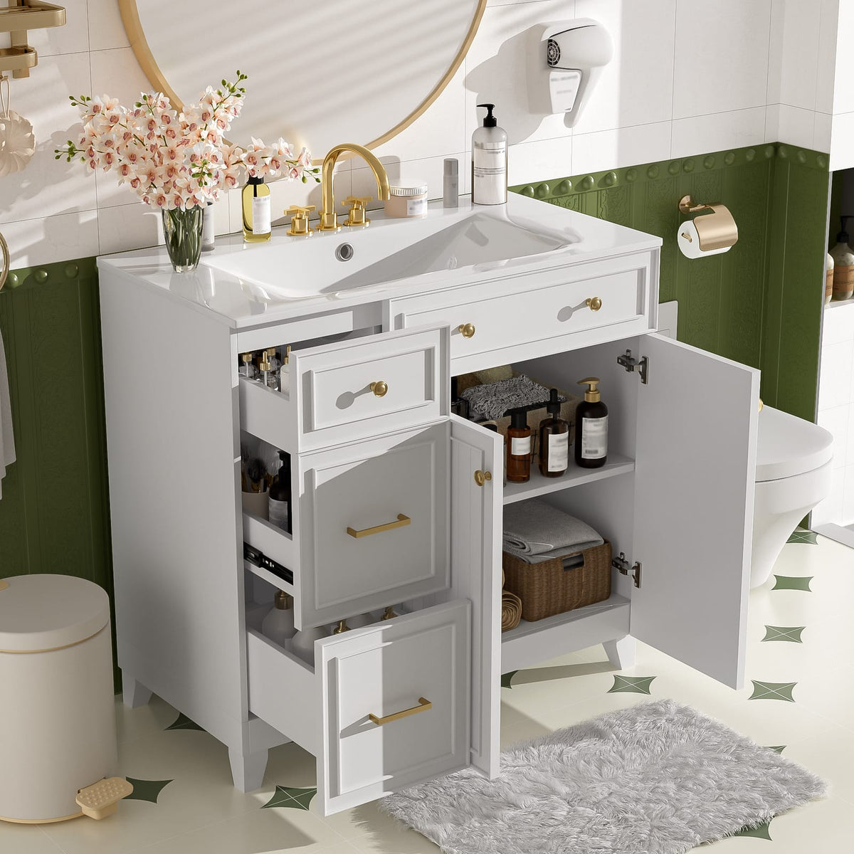 36 Inch White Bathroom Vanity with Ceramic Sink and Adjustable Storage