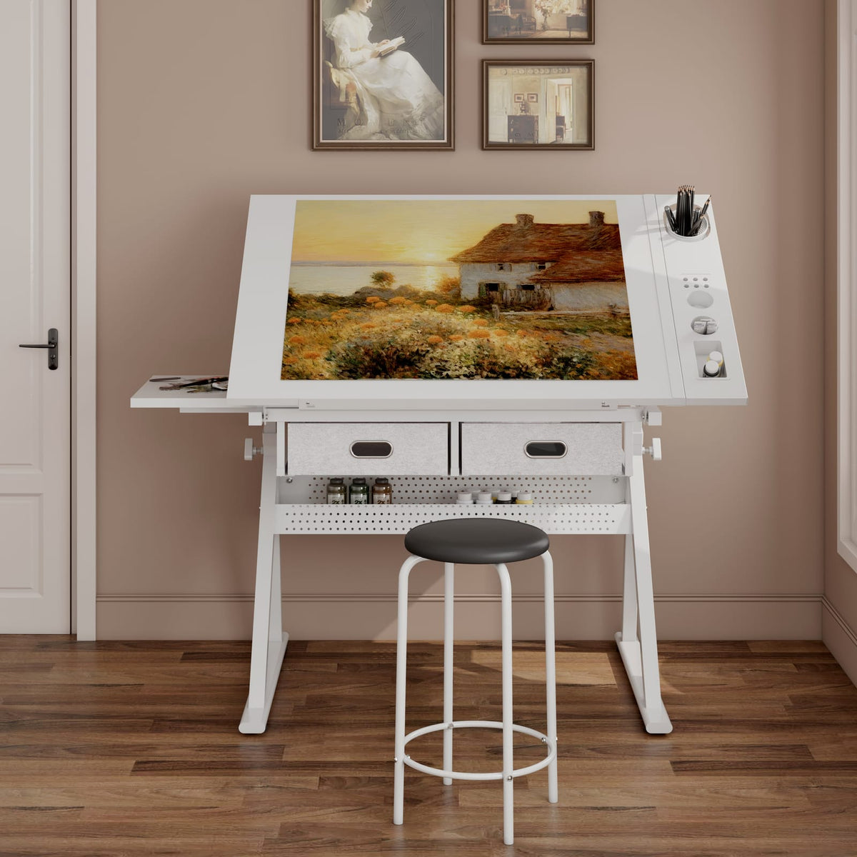 Adjustable Drafting Desk - White with 2 Drawers & Stool
