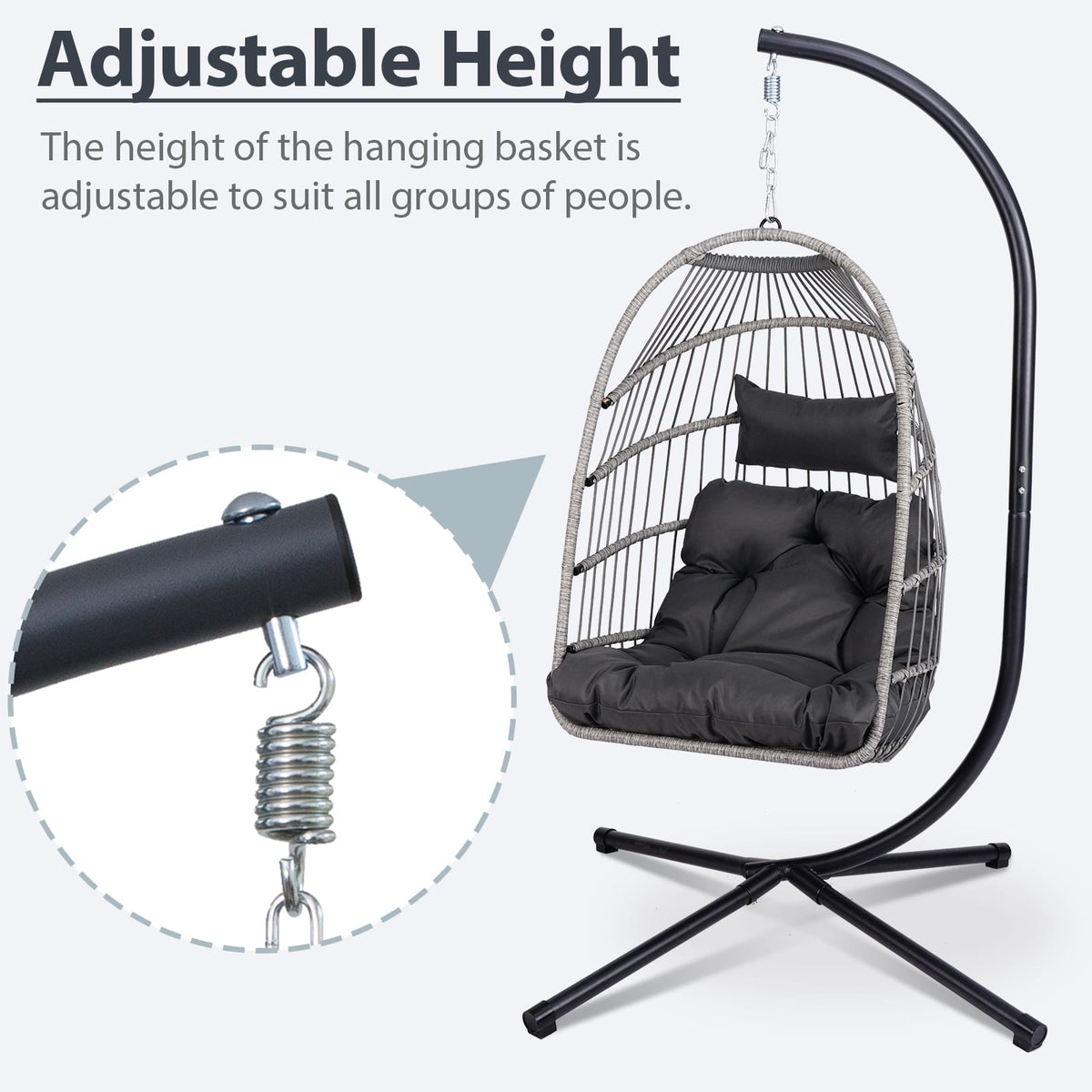 Black Gray Outdoor Hanging Egg Chair with Stand - Patio Swing