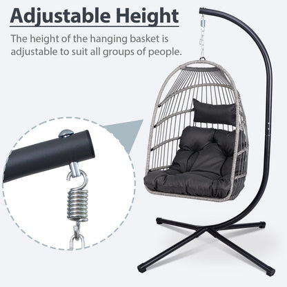 Black Gray Outdoor Hanging Egg Chair with Stand - Patio Swing