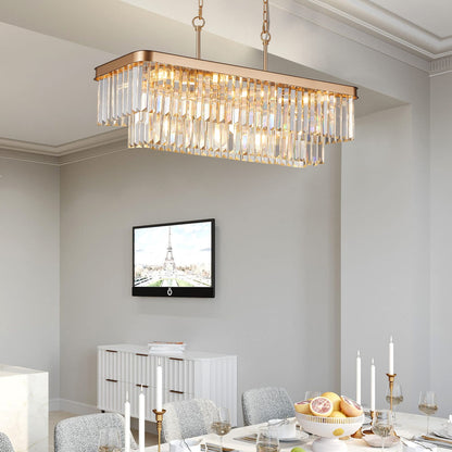 Rectangular Gold Crystal Chandelier - Farmhouse Industrial Lighting
