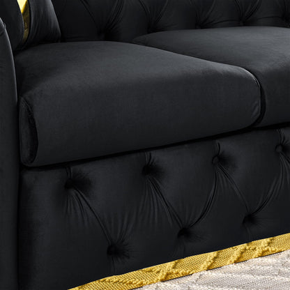 Living Room Velvet Chesterfield Sofa - 3 Seater, Black with Gold Stainless Steel
