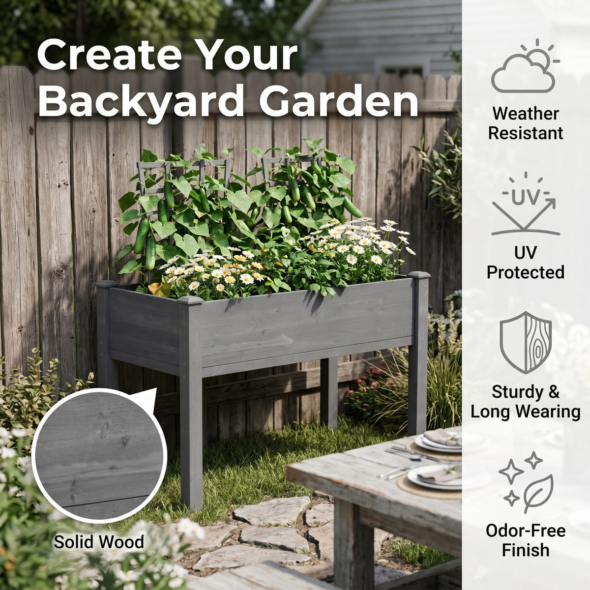 48x24 Raised Garden Bed - Grey Solid Wood Planter Box