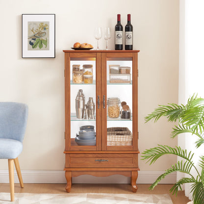 Oak Glass Display Cabinet with Adjustable Shelves and Storage for Living Room