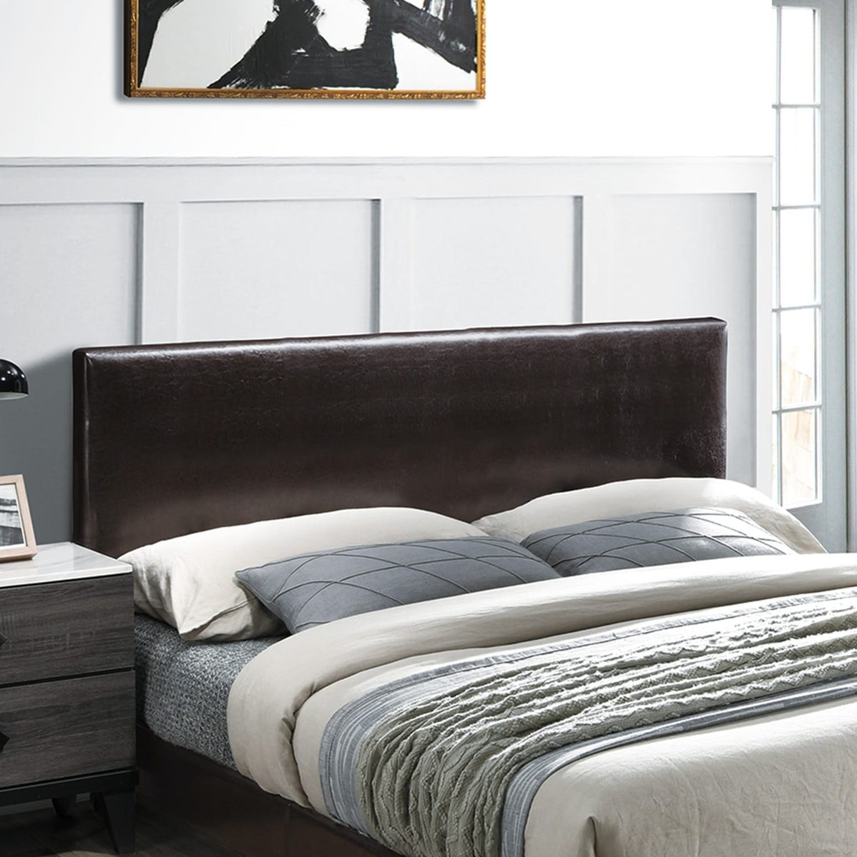Modern Brown Queen Size Bed Faux Leather Upholstered Headboard