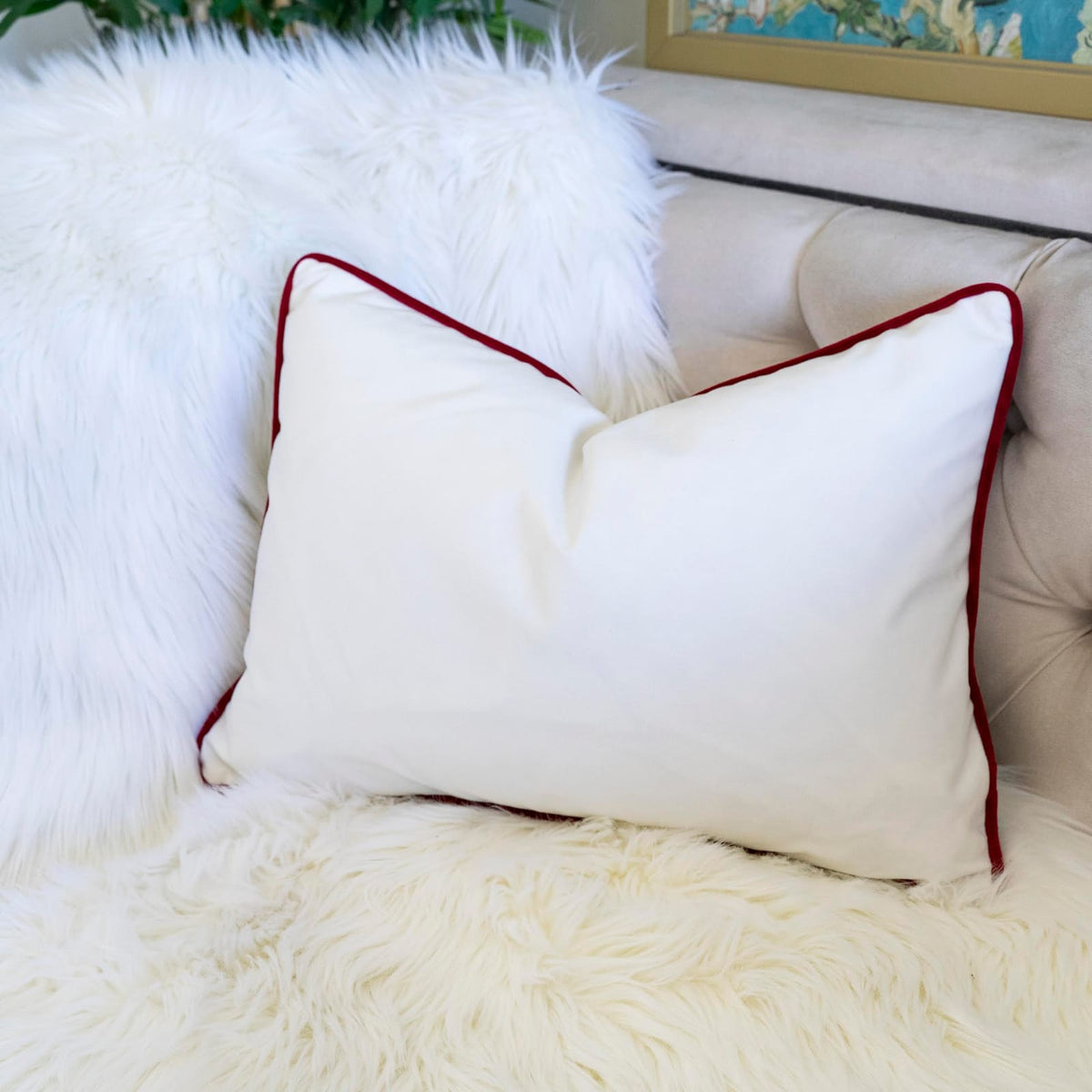 JOY Embroidered Christmas Throw Pillow 14x20" Velvet Lumbar Cushion in Red and