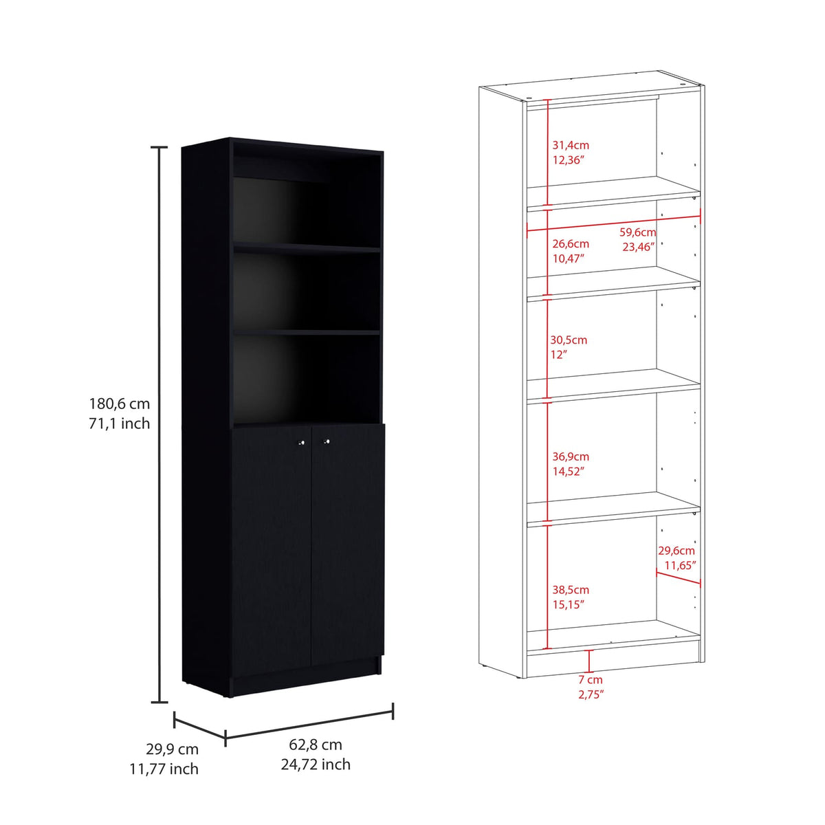 Black 3-Piece Home Bookcase Set - 67" Wide Office Storage