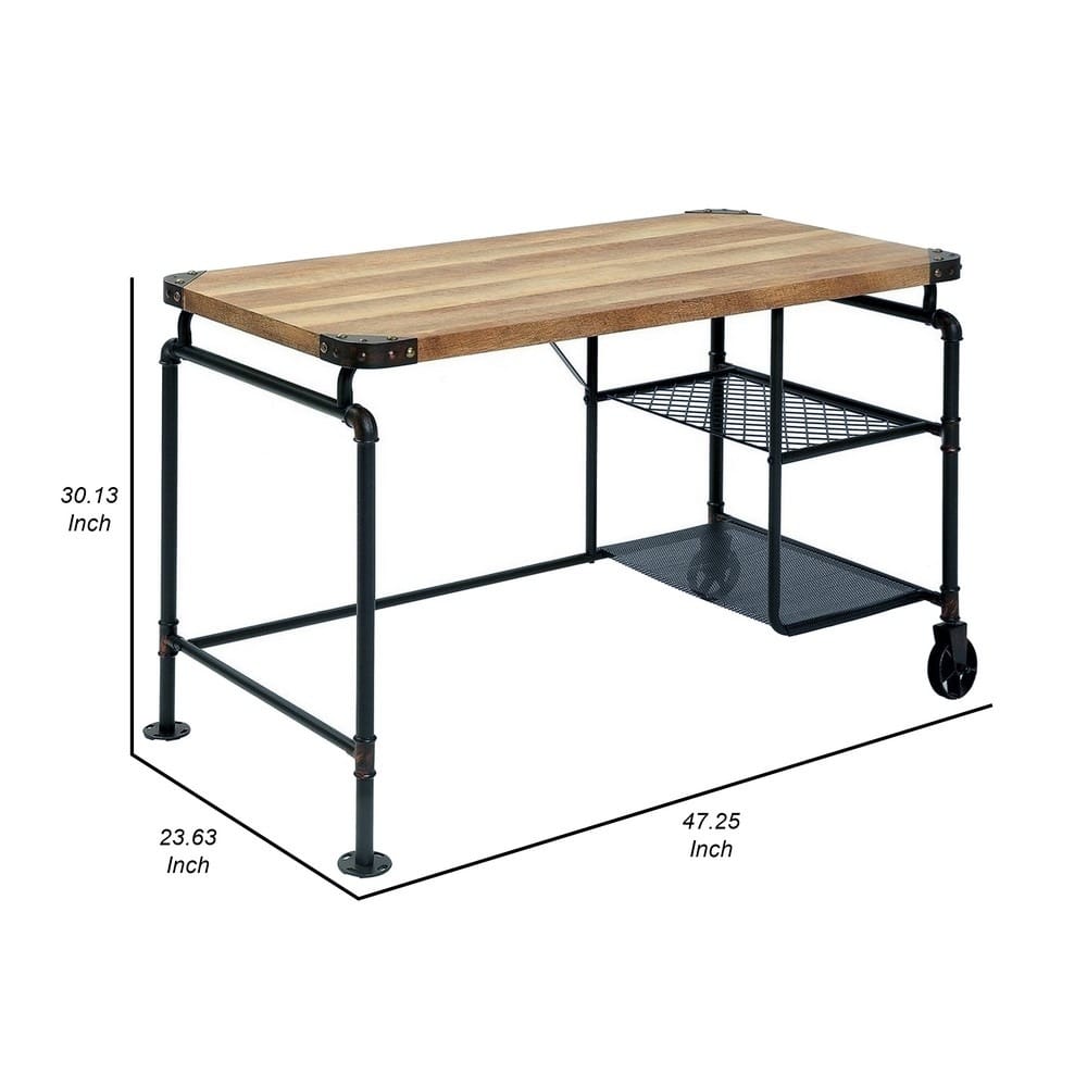 47 Inch Industrial Writing Desk - Black Metal, Brown Wood Storage
