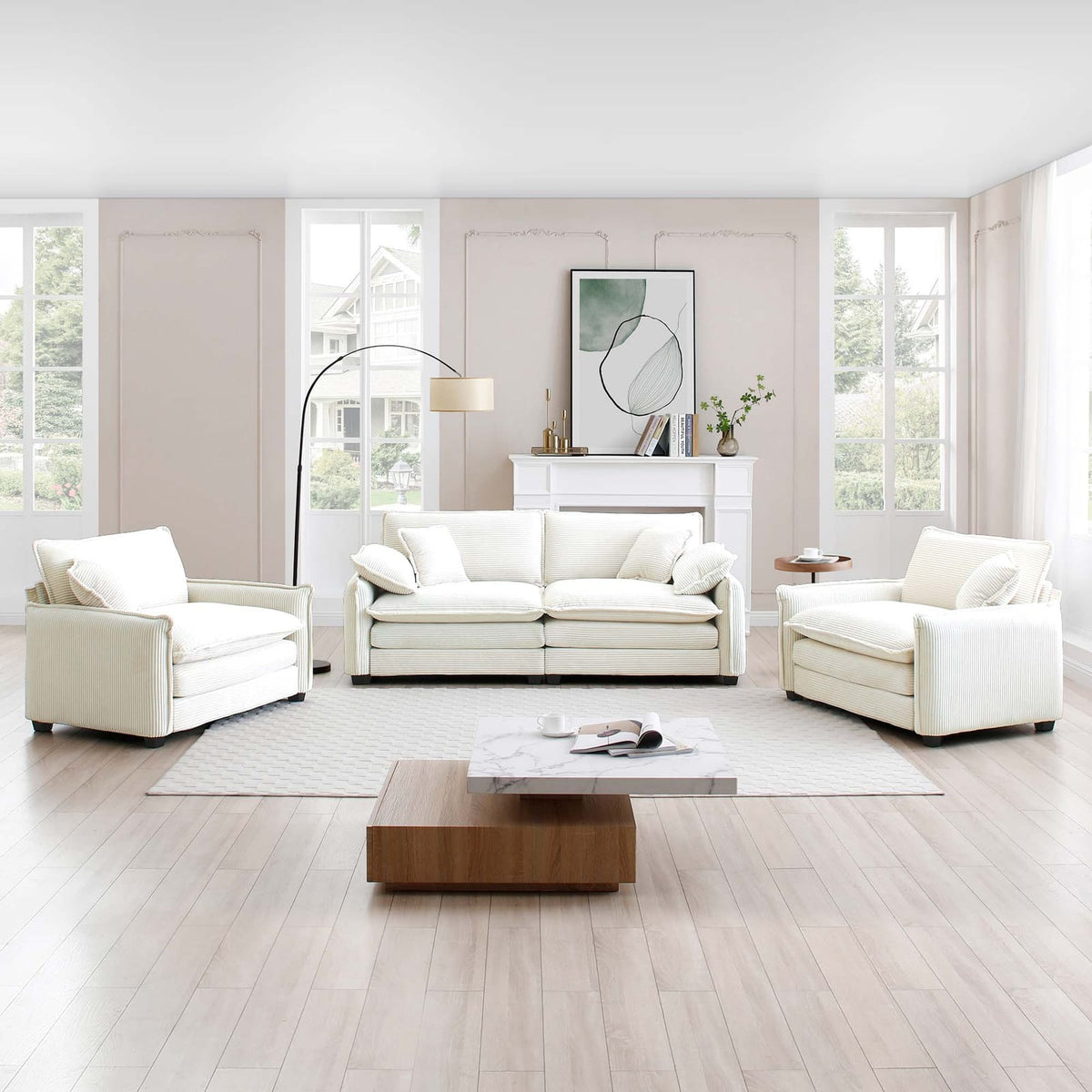4 Seat Corduroy Sofa Beige - Retro Style Sofa Set for Living Room