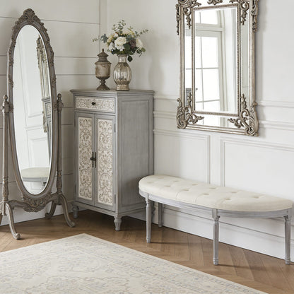 Light Beige Button Tufted Bench - Gray Wood Frame for Bedroom