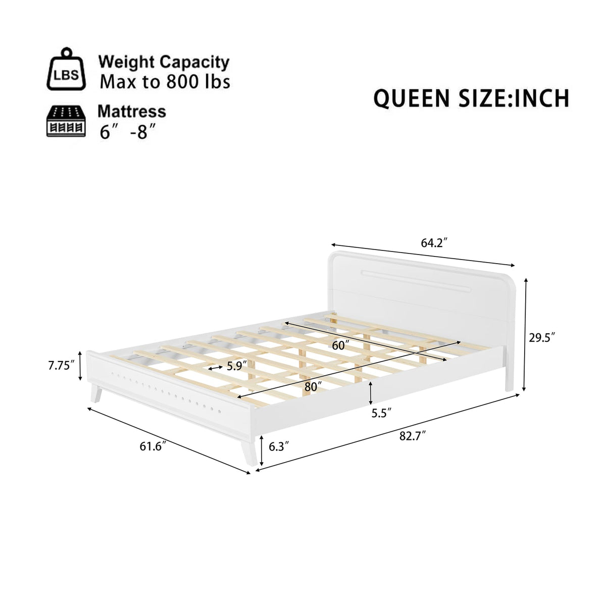 Queen Size White Pine Bed Frame - Solid Wood Base