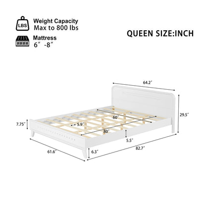 Queen Size White Pine Bed Frame - Solid Wood Base