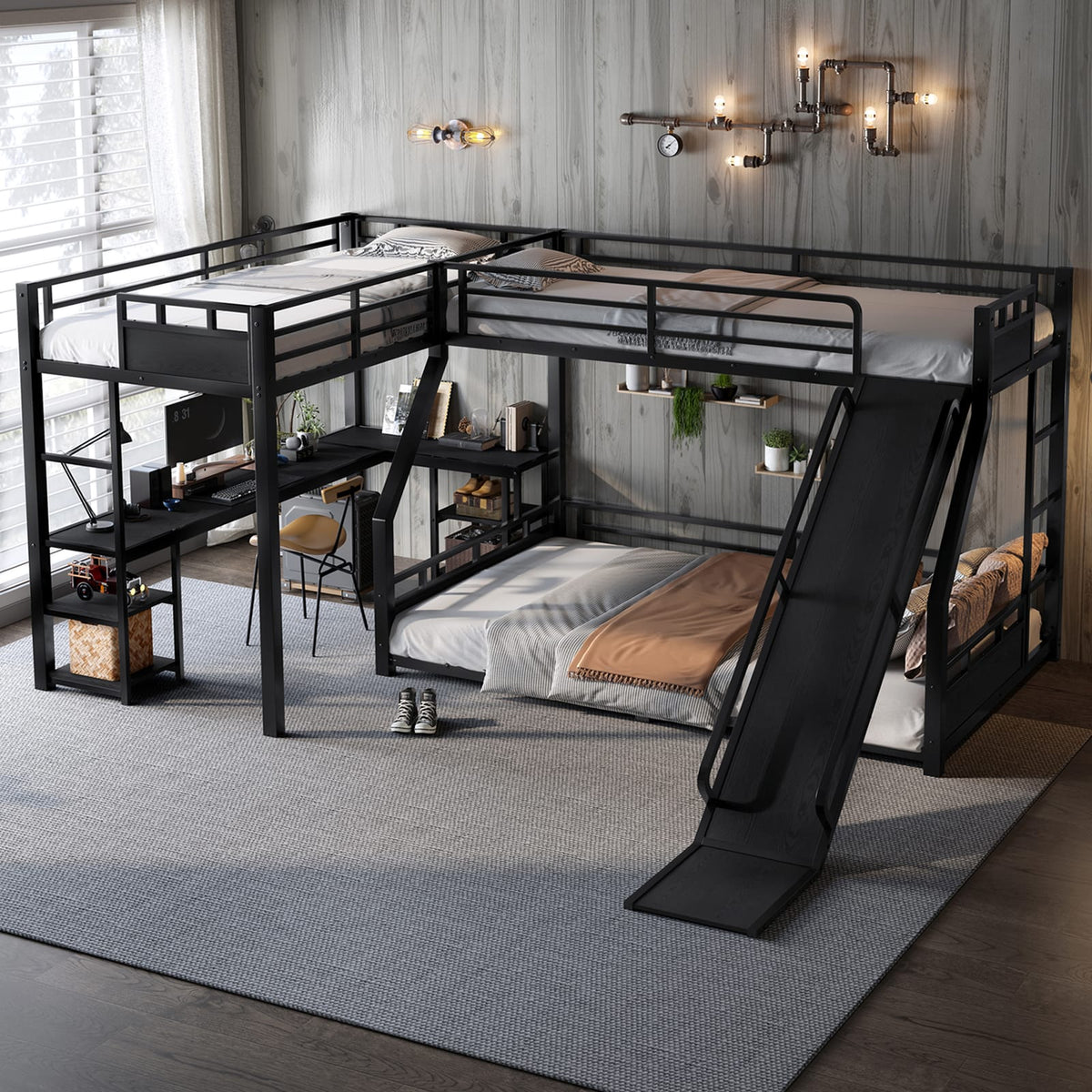 Metal Triple Bunk Bed with Desk and Slide for Kids Playroom for Bedroom