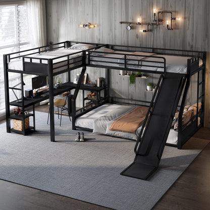 Metal Triple Bunk Bed with Desk and Slide for Kids Playroom for Bedroom