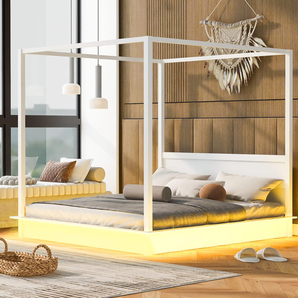 King Size Wood LED Canopy Bed - White Platform Bed No Box Spring