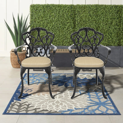 Cast Aluminum Patio Dining Chair 2PCS With Black Frame and Beige Cushions