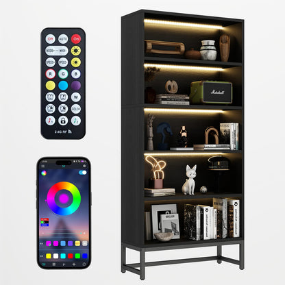Black Tall Bookcase with LED Lights - 5 Tier Storage Shelf