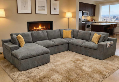 Light Gray Polyester Sectional - 6 Seat Comfortable Sofa